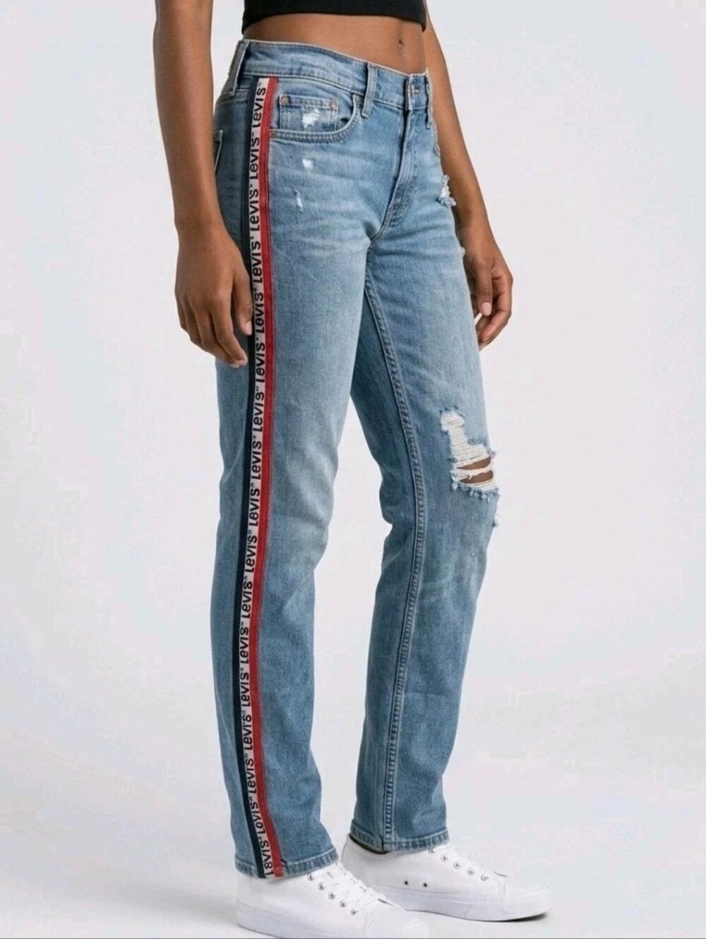 Levi's 511 Slim Jeans Women 16 Blue Denim Distressed Logo Band Streetwear